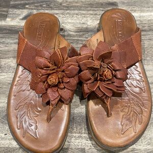 Born Brown Leather Floral Thong Sandals